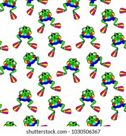 green frog in flippers floating in the sea, top view, cartoon funny character, seamless pattern