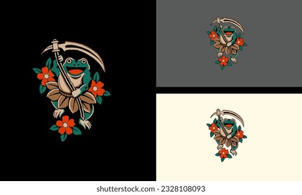green frog and flowers vector flat design