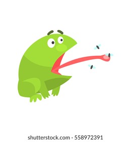 Green Frog Funny Character Catching Flies With Its Tongue Childish Cartoon Illustration
