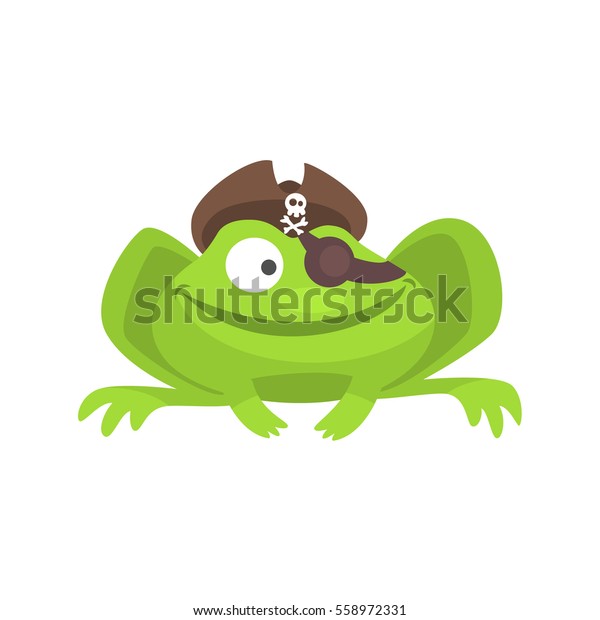 海賊の帽子と目当てに笑う子どもっぽい漫画イラストを持つ緑のカエルのおかしなキャラクター のベクター画像素材 ロイヤリティフリー