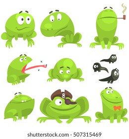 Green Frog Funny Character Set Of Different Emotions