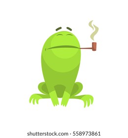 Green Frog Funny Character Smoking A Long Pipe Childish Cartoon Illustration