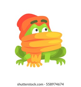 Green Frog Funny Character Wearing Scarf And Hat Childish Cartoon Illustration