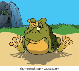 Green Frog with a Hand on his Forehead Sitting on the Ground - Colored Cartoon Illustration with Background, Vector