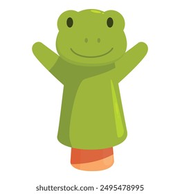 Green frog hand puppet smiling and waving with arms raised, isolated on a white background