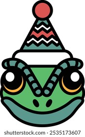 A green frog with a hat on its head. The hat is red and white. The frog is wearing a party hat