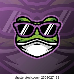 a green frog head wearing purple glasses