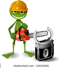 Green frog in a helmet with a chainsaw and padlock