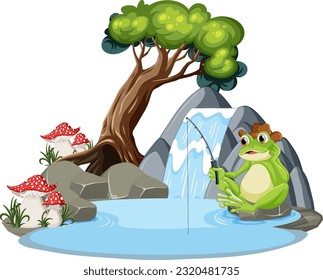 Green Frog Holding Fish Rod at Waterfall illustration