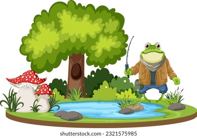 Green Frog holding Fishing Rod at Pond illustration