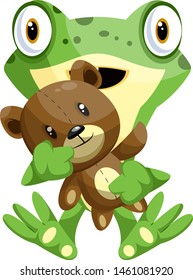 Green frog holding a teddy bear, illustration, vector on white background.