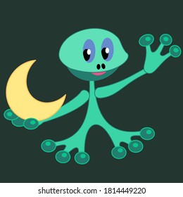 Green frog holds a yellow moon in his hand.
