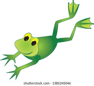 Green frog, jumping happy and smiling on white background. cute, cartoon.