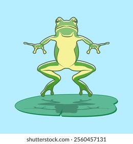 Green frog jumping for prey. Cartoon vector illustration. Leaping toad on white background. Nature, movement, amphibia, reptile, fauna concept for design, World Frog Day.