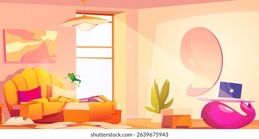Green frog jumps on cozy bedroom bed - yellow shell headboard, pink cushions, peach walls with in modern interior with potted plant, table with laptop. Wild amphibian in peaceful sleeping space.