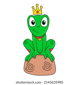 El rey de la rana verde está sentado en el trono de la sabiduría, ilustración vectorial del arte. imagen del ícono del doodle kawaii.