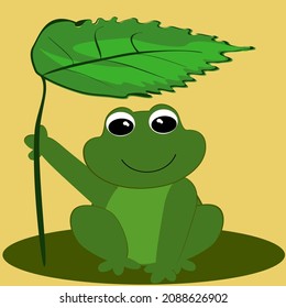 green frog and leaves holding leaves shading rain weather cartoon isolated amphibian vector illustration yellow background