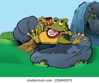 Green Frog Lies on the Ground with a Lollipop in his Mouth and a Red Book Behind his Head - Colored Cartoon Illustration with Background, Vector