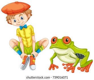 Green frog and little boy
