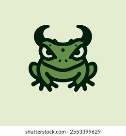 green frog logo with demon-like horns and fierce eyes, vector design