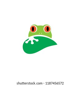 A green frog logo with a leaf, inspired by the australian "Litoria chloris", commonly known as the red-eyed tree frog or orange-eyed tree frog