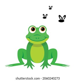 green frog looking at flies, cyte cartoon style, vector illustration