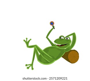 A green frog lounging on a piece of wood and holding a candy bar