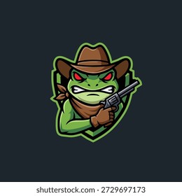Logotipo de Vector de mascota de rana verde con un sombrero de vaquero y una pistola 
