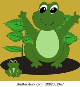 Green Frog Mother Child And Leaves Green Cute Sitting Under Leaves Holding Leaves Dodge Weather Rain Weather Isolated Cartoon Amphibians Vector Illustration