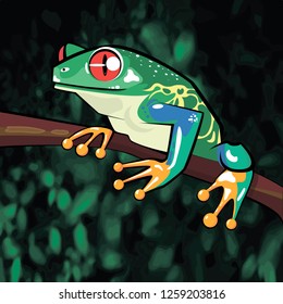 Green frog on the background of vegetation. Vector drawing