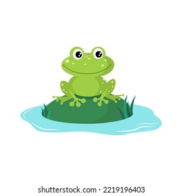 Green frog on hummock in the lake. Vector illustration in the flat style of cartoon character. svg