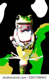 Green frog on top of flower. Vector design.