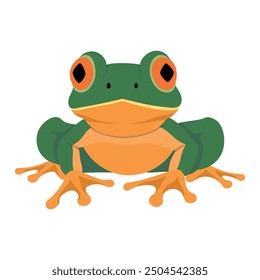 Green frog with orange and red eyes, sitting