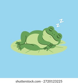 Um sapo verde dormindo em paz em uma almofada de lírio com Z indicando sono.