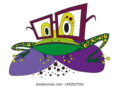 Green frog with pink glasses sitting on violet stones. Cartoon character. Vector illustration