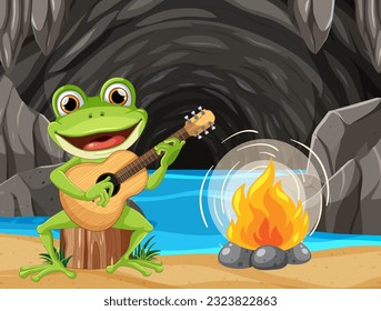 Green Frog Playing Guitar in the Cave Scene illustration