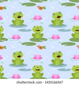 Green frog in pond with lotus leaf and flower seamless pattern.