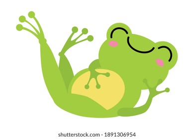 Green Frog with Protruding Eyes Lying and Smiling Vector Illustration