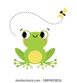 Green Frog with Protruding Eyes Watching Fly Vector Illustration