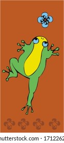 green frog reaches for a blue flower