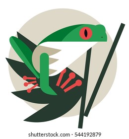 green frog with red eyes and paws, sitting on a leaf vector illustration