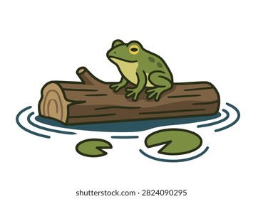 Green frog resting on a floating brown log with lily pads and water ripples.
