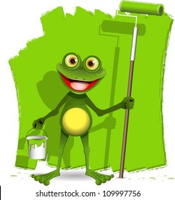 green frog with a roller to paint