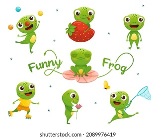 Green Frog Set Cartoon Character Vector Illustration. Funny frogs children on white isolated background. Animals and insects in the forest
