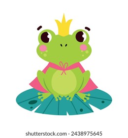 Green Frog Sit on Pad with Golden Crown on Head as Fairy Tale Character Vector Illustration