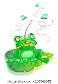 green frog siting on leave, hunting flies isolated on white color