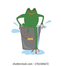 A green frog sits on a bucket of water. Cartoon vector illustration, in the style of hand drawing.