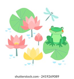 Сute green frog sits on water lily leaf in pond with blooming pink and yellow lotus flowers and looks at flying dragonfly. Vector illustration on white isolated background for children's creativity.