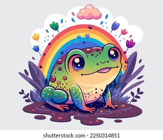 a green frog sits in a puddle under a colorful rainbow. flat vector illustration.