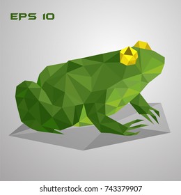 Green frog sits in a swamp. Slippery and vile animal. Low poly reptile on a white background. Vector illustration. EPS 10.